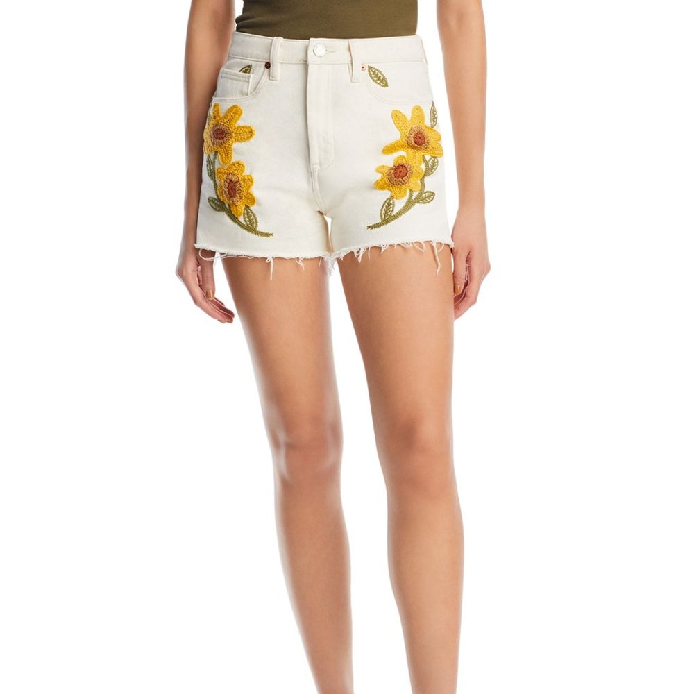 BLANKNYC Women's Embroidered High Rise Released Hem Denim Shorts 26 B4HP